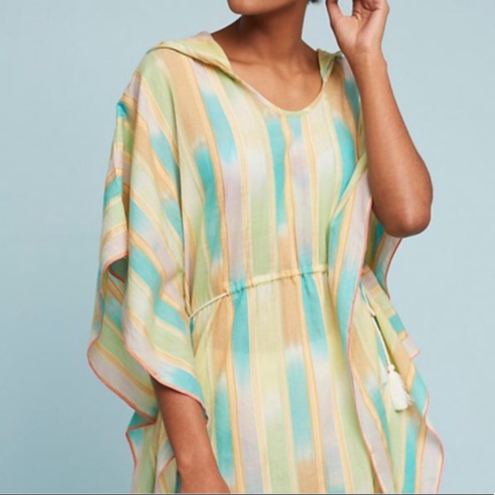Anthropologie Lilka Pastel Yarn Dyed Tunic Poncho Blue Green Cotton Oversized